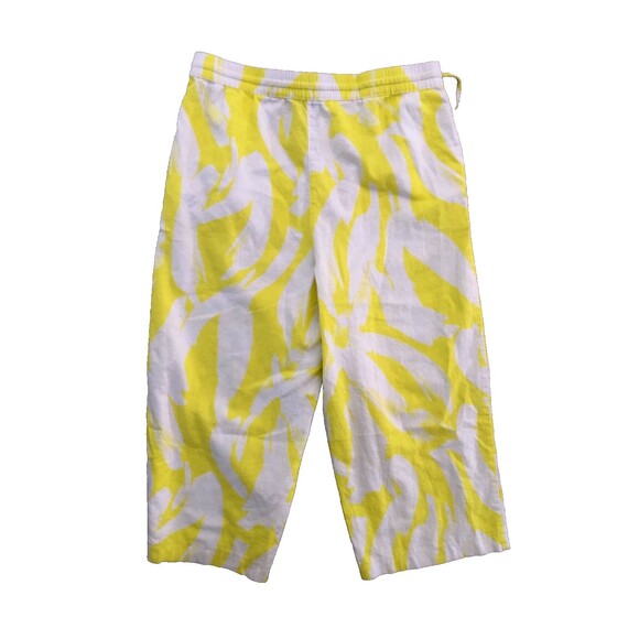 DKNY Women’s Large Linen Blend Shorts – Yellow White Abstract Drawstring Casual - Picture 3 of 9